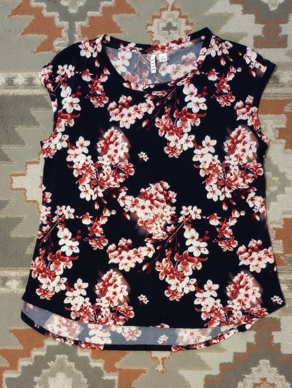 Floral Cap-Sleeve Women's Top - Navy with Red Floral